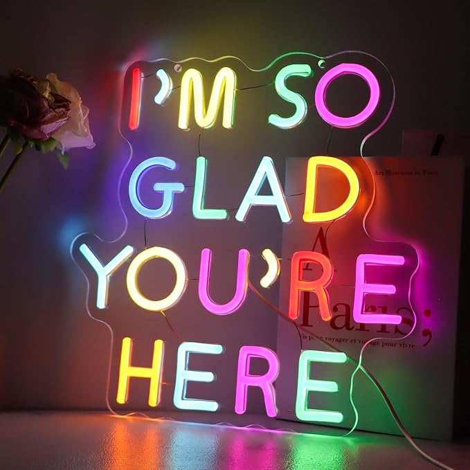 I’m So Glad You’re Here Neon Sign for Teachers – Dimmable Multicolor Letter LED Light with Wired Controller, Rainbow Glow Classroom Decor, 12.2×11.8 in, Includes 4 Wall Anchors & 2m USB Cable