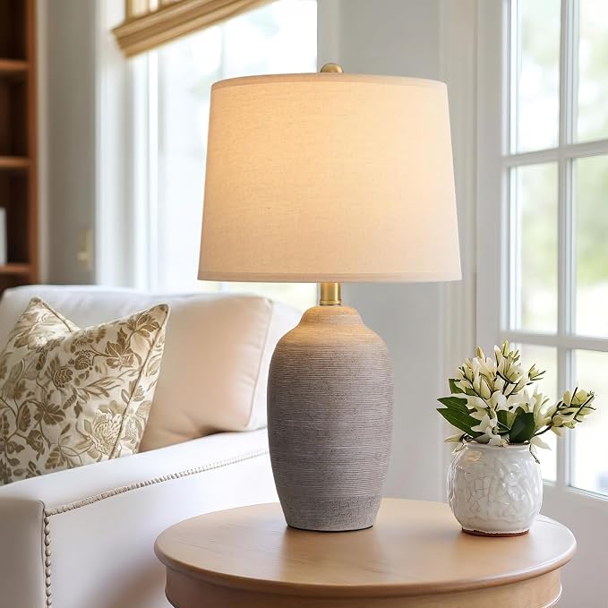24.5" Vintage Ceramic Table Lamp Single-Rustic Boho Accent Nightstand Lamps for Bedroom, Living Room, Entryway-Small Textured Bedside Lamps, Modern Farmhouse Lamps for Home Decor Purple Grey