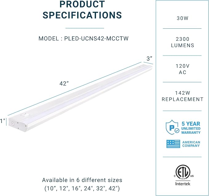 PARMIDA LED Under Cabinet Lighting, Hardwired Installation, 42 Inch, 30W, 5CCT Color Selectable - 2700K/3000K/4000K/5000K/6000K, ETL Listed, 120V, Dimmable, 2300 Lumens, White Finish