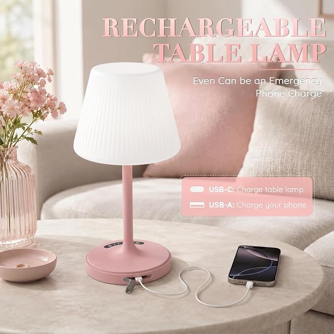 Waterproof Shower Lamp, 4000mAh Cordless Table Lamp, 3-Color Dimmable -Pink | touch dimmable, weighted base, bathroom shower light, patio dinner, RV camping, charge your phones, memory night light