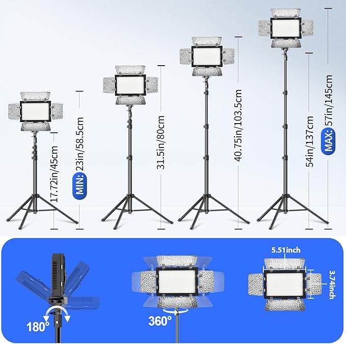 2 Pack LED Video Photography Lighting Kit with 54'' Tripod Stand, Dimmable 5600K USB Studio Lights with Barndoor -9 Color Lighting for Video Recording, Photo Studios, YouTube, TikTok, Game Streaming
