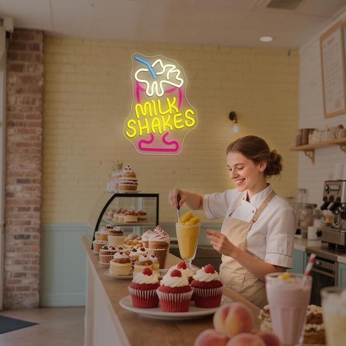 Milk Shakes Neon Sign, Colorful LED Ice Cream Light, USB Power | Dimmable Wall Decor Light-Up Signs for Dessert Shops, Restaurants, Bars, Fun Food Quote Neon Art Decoration for Room