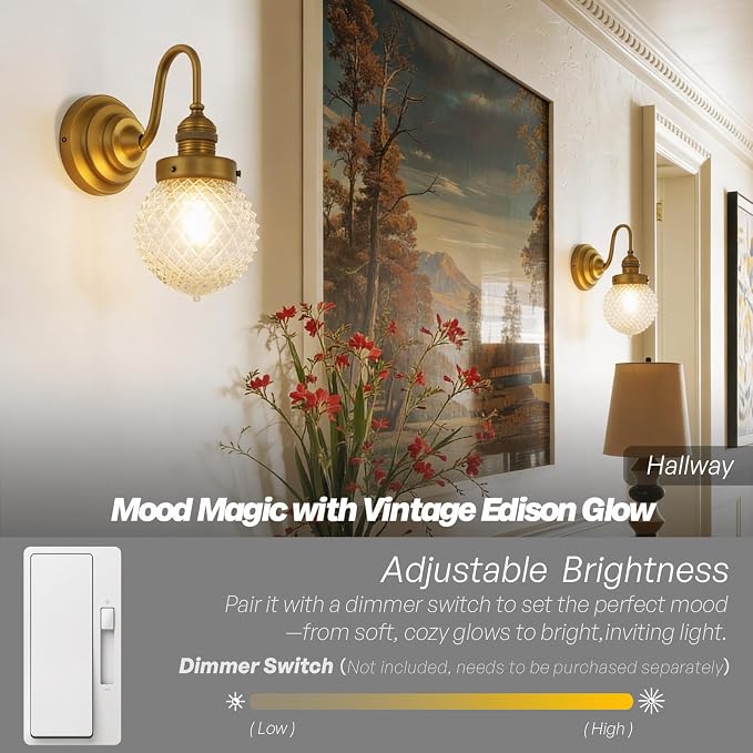 Brass Gold Wall Sconce Clear Glass Bathroom Vanity Light | Vintage,Hardwired Indoor,Aged Brass Finish,Hand-Blown Thick Glass,for Bathroom Mirror Kitchen Hallway,UL-Listed E26 Socket