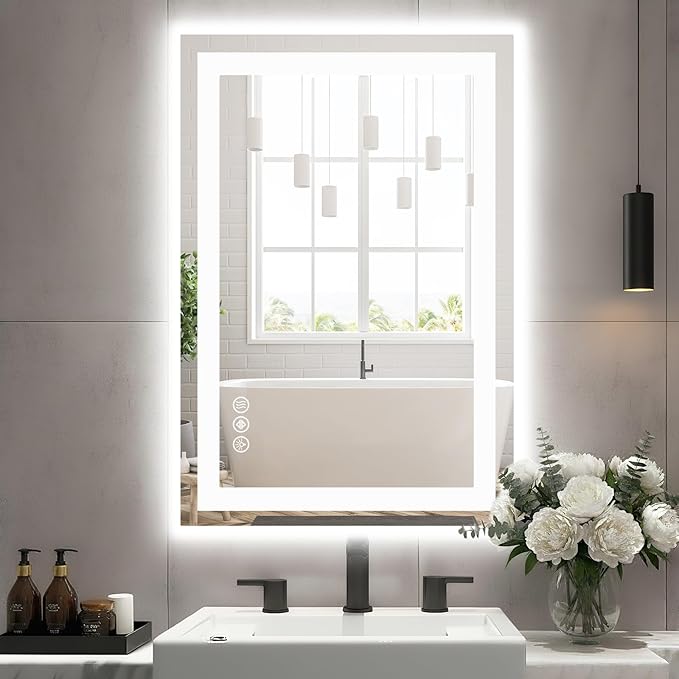 DUMOS 24"x36" Smart Anti-Fog LED Bathroom Mirror with Front Light & Backlit, 3 Color Temperatures, Dimmable, Memory Function, Rectangle Modern Vanity Mirror