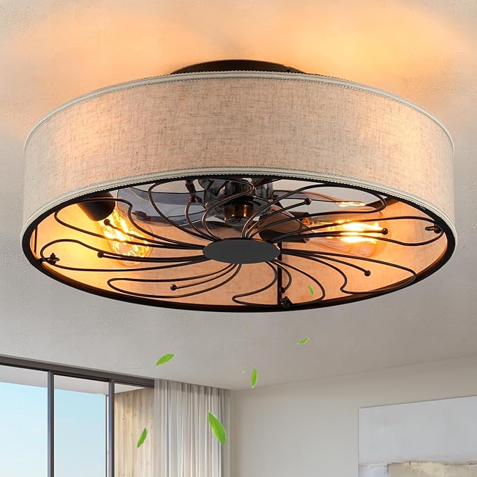 Boho Ceiling Fan with Jute Fabric Shades and Remote Control, Small Caged Bladeless Low Profile Ceiling Fan with Light, 20 Inch Modern Flush Mount Light Kit for Bedroom Kitchen Living Room