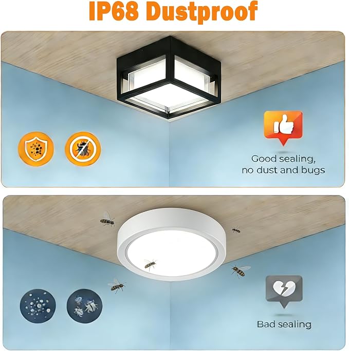 Outdoor Ceiling Light, IP65 Waterproof 6.3 inch Porch Lights Outdoo, 20W 3000K-6500K LED Square Exterior Wall Lamp for Patio Balcony Terrace, Flush Mount for Wall or Ceiling