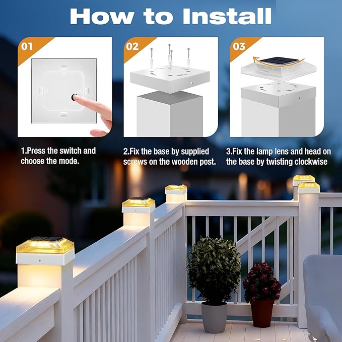 4x4 Solar Post Cap Lights Outdoor 4 Pack, 3 Color Modes/Dusk to Dawn/IP65 Waterproof, Fits 4x4 Vinyl/PVC Wood Posts Top, White LED Fence Topper Light for Deck, Porch, Backyard