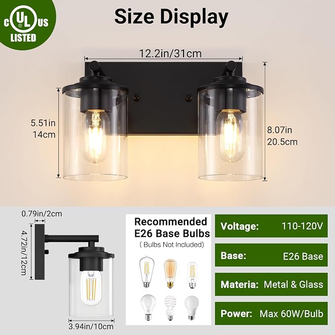 2-Light Black Bathroom Vanity Light, Modern Bathroom Lighting Fixtures with Clear Glass Shade, Bathroom Wall Mounted Lamps for Mirror, Living Room, Bedroom, E26 Socket