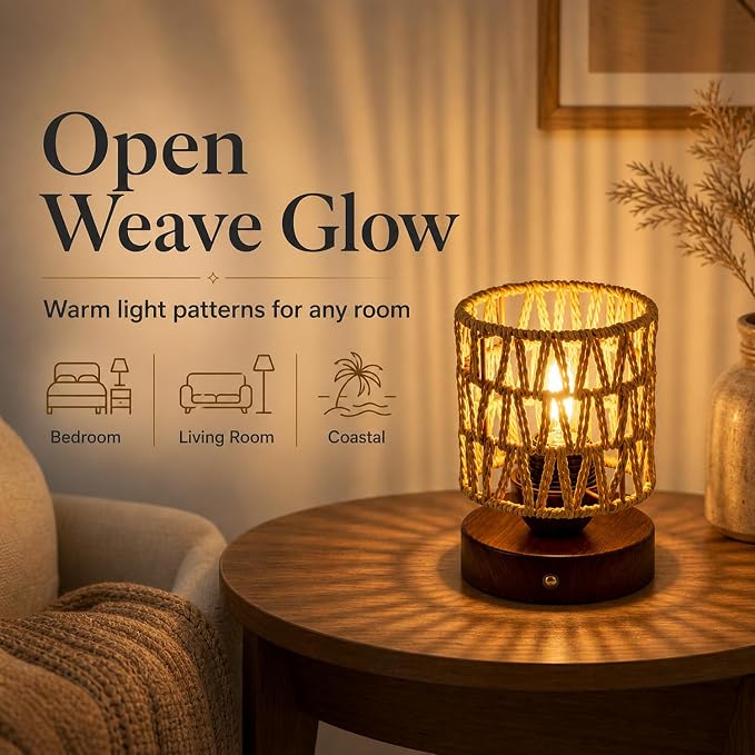 Cordless Operated Rattan Lamp, 5000mAh Rechargeable Dimmable Handwoven Open Weave Drum Table Lamp with Edison Bulb, Boho Nightstand Light for Bedroom Home Decor