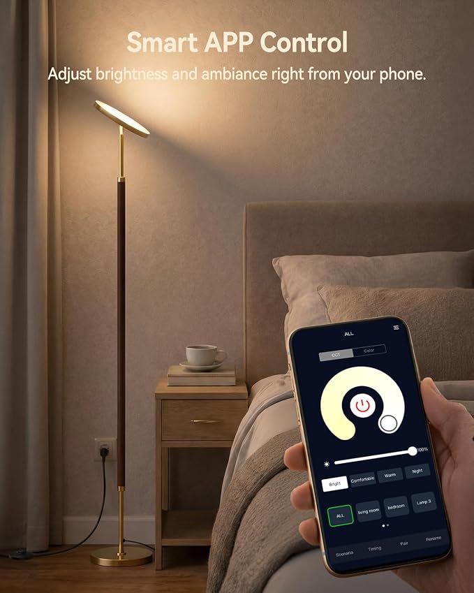 Wood LED Torchiere Floor Lamp with Remote, 3000LM Dimmable | 69" Tall Uplight, 3000K-6500K Color Temperature, 1-Hour Timer, Eye-Caring Lighting, For Living Room, Bedroom & Office