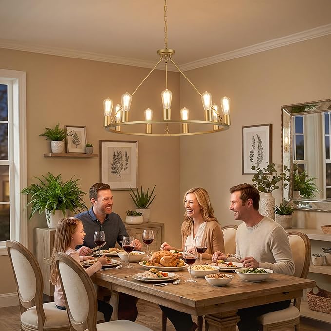 9-Lights Gold Chandelier | Dia 32'' Farmhouse Wagon Wheel Chandelier | Rustic Hanging Dining Room Light Fixture | Apply to Living Room | Kitchen Island | Entryway | Foyer