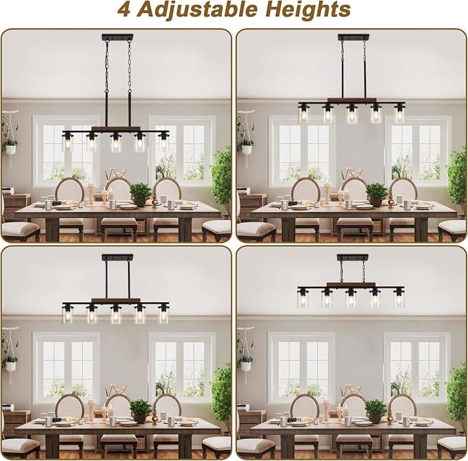 36.2‘’ Kitchen Lighting, 5-Light Dining Room Light Fixture Chandelier Over Table, Black Modern Rustic Wood Ceiling Pendant Light Fixtures, with Clear Glass Shade, Farmhouse Chandelier | 5-Light, Modern Rustic Wood Frame, Adjustable Height, Clear Glass ...