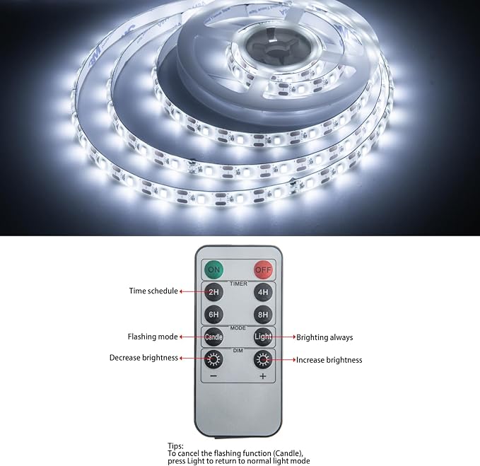 Battery Powered Led Strip Lights,6.56FT 120Led Battery led Strip Lights for Remote,Blinking,Dimmable,Timer,Cuttable,for Indoor Outdoor TV Table Boat Kitchen Christmas,Waterproof（White）