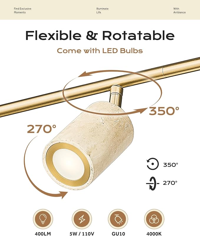 FEMILA Natural Stone Track Lighting Fixtures Ceiling, 3000K Bulbs Included, 43.7" Brushed Gold LED Track Light for Living Room, Kitchen, Dining Room, Bedroom, Rotatable Light Heads, 4FS107TL-5 BG-NS
