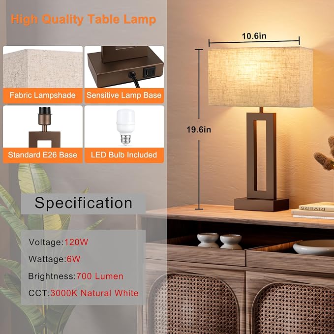 Seealle Bedroom Lamps for Night Stands - Touch Control, 3 Way Dimmable, USB C+A Charging, LED Bulbs, Easy Assembly(Yellow&Coffee)