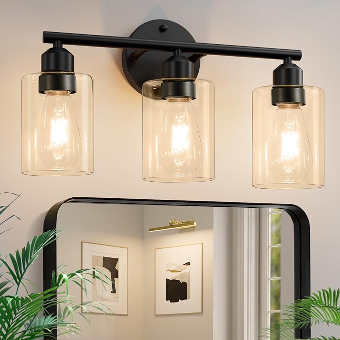 3-Light Bathroom Vanity Light Fixture, Black with Clear Amber Glass,17.3'' | Modern Wall Lamp, For Mirror