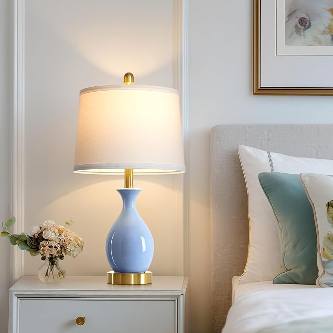 24″ Light Blue Ceramic Table Lamp for Living Room, Modern Classic Bedside Lamp for Nightstand, Small Table Lamp for Bedroom End Table (1 Pack)