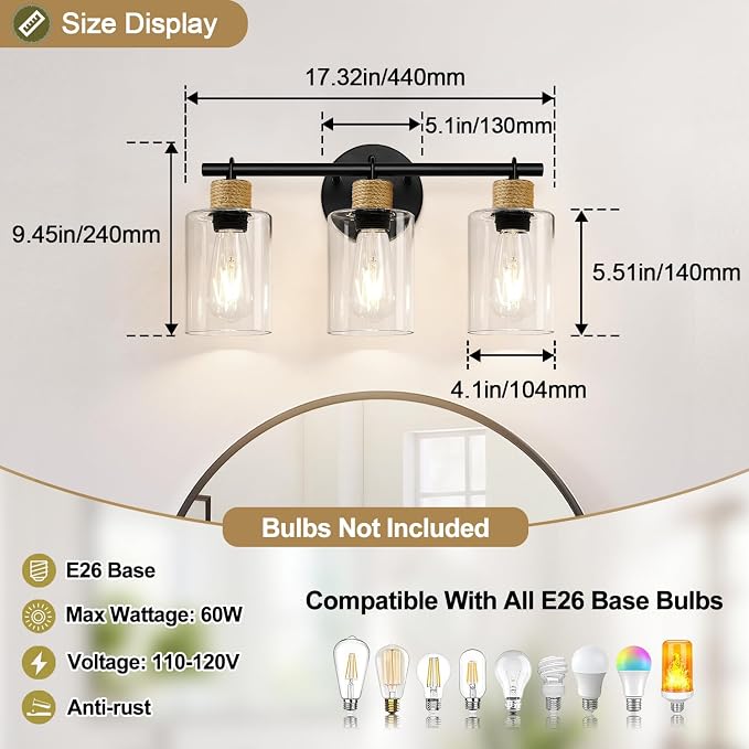 MOKATNG Bathroom Light Fixtures, 3-Light Farmhouse Vanity Lights with Hemp Rope, Black Bathroom Wall Lamp for Mirror Kitchen Hallway Cabinet