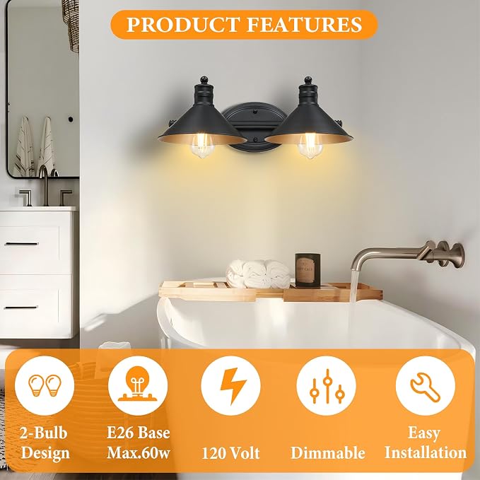 2 Light Bathroom Vanity Light Over Mirror - Black and Gold Farmhouse Wall Light for Bathroom Vanity Powder Room, Rustic Gooseneck Barn Style 2 Bulb Wall Sconce Over Kitchen Sink