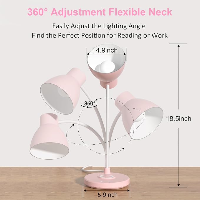 LED Desk Lamp for Home Office with Wireless Charger, Pink | 3 Color Modes Dimmable Eye-Caring Study Reading Dorm Desk Lamp, 360° Flexible Arm Table Lamp for College Dorm Room, 800 Lumen