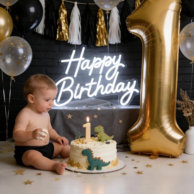 Happy Birthday Neon Sign for Wall Decor, LED Happy Birthday Light Up Sign, Dimmable Happy Birthday Neon Lights for Backdrop All Birthday Party Decoration, USB Powered White