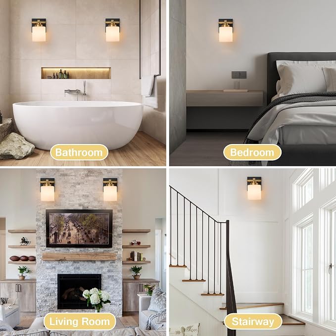 Modern Bathroom Light Fixtures Over Mirror, Vanity Lights for Bathroom Wall Sconces with Milky White Glass Shades, E26 Socket (Bulbs Not Included), 1 Light, Black Gold
