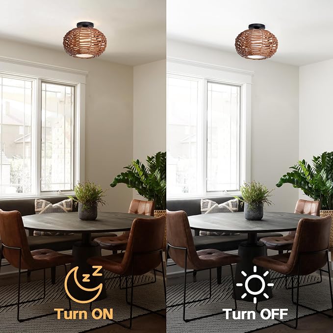 CALOKES Boho Semi Flush Mount Ceiling Light, Rattan Style Hand Woven Shade, Farmhouse Ceiling Fixture for Bedroom, Kitchen, Hallway, Entryway