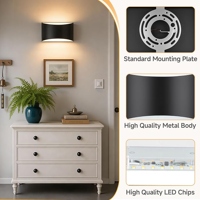 Modern LED Wall Sconce Set of 2, Black Indoor Wall Lights 3CCT | 3000K/4000K/6000K, Up/Down Hardwired Wall Mount Light, Easy Install Aluminum Wall Lighting, Bedroom, Living Room, Hallway