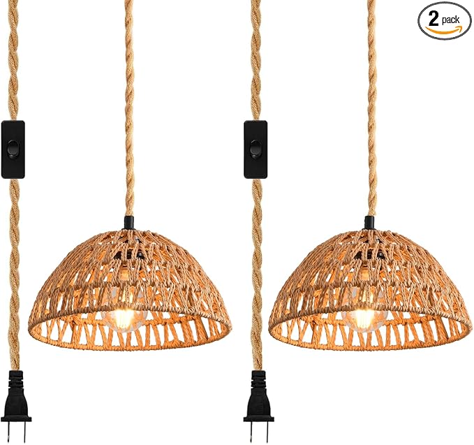 2 Pack Plug in Pendant Light 10.2" Rattan Hanging Lamp with Switch,Hemp Rope Cord Boho Woven Wicker Lampshade Hanging Lights with Plug in Cord Ceiling Light Fixture for Living Room Bedroom Kitchen
