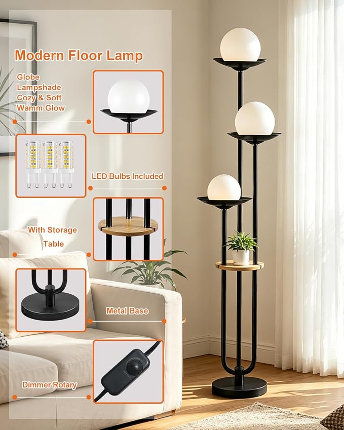 3-Globe Floor Lamp with Table, 63IN Mid Century Modern Floor Lamps Dimmable with 3000K Warm White Bulbs for Wedding/Party, Black Tall Standing Lamp for Living Room/Bedroom/Home Office