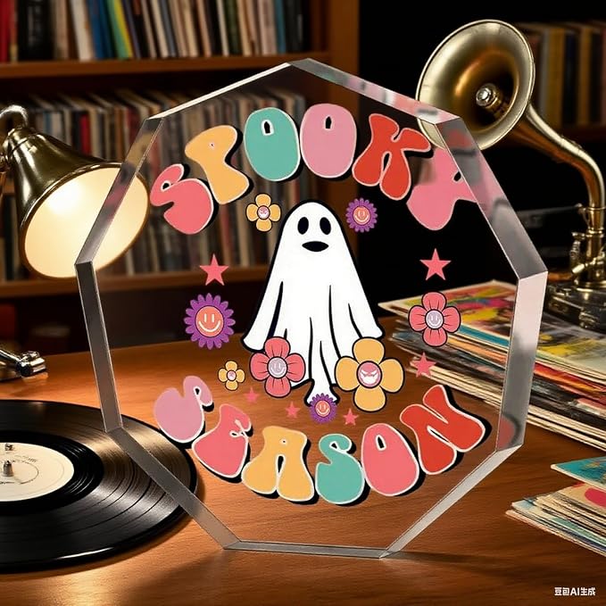 Cute Halloween Ornaments Clear Acrylic Enneagon Shaped Desk Sign Little Ghost & Flower Theme Plaque Happy Halloween Decorations for Holiday Party Home, Desktop Ornament Gifts