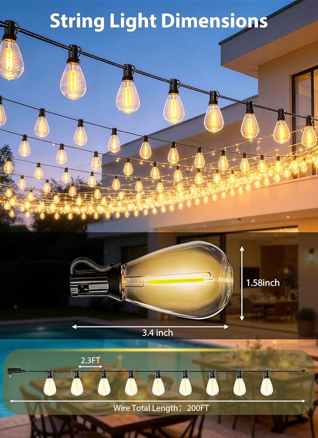 200FT Outdoor String Lights with 76+2 S11 LED Bulbs, Waterproof Dimmable Patio Lights with Remote, Shatterproof E12 Hanging Bistro Lights for Backyard, Porch, Garden, Deck Outdoor Decor