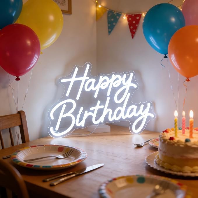 Happy Birthday Neon Sign for Wall Decor, LED Happy Birthday Light Up Sign, Dimmable Happy Birthday Neon Lights for Backdrop All Birthday Party Decoration, USB Powered White