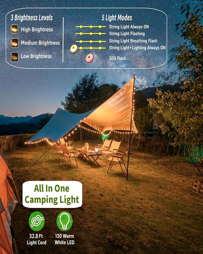 Solar Camping String Lights, 32.8 FT Fairy String Light, 4 in 1 Portable Waterproof Camp LED Lamp with 8 Lighting Modes, Hanging Rechargeable Tent Lantern for Outdoor Garden Patio Party Essentials