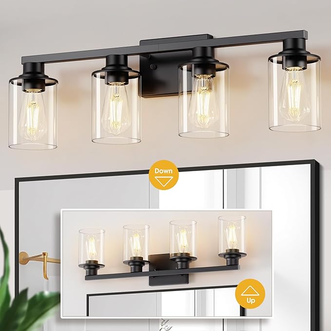 L LOHAS LED 4-Light Bathroom Vanity Lights Over Mirror, 27 Inch Black Bathroom Light Fixtures with Clear Glass Shade, Modern Vanity Lights for Living Room Hallway Bedroom