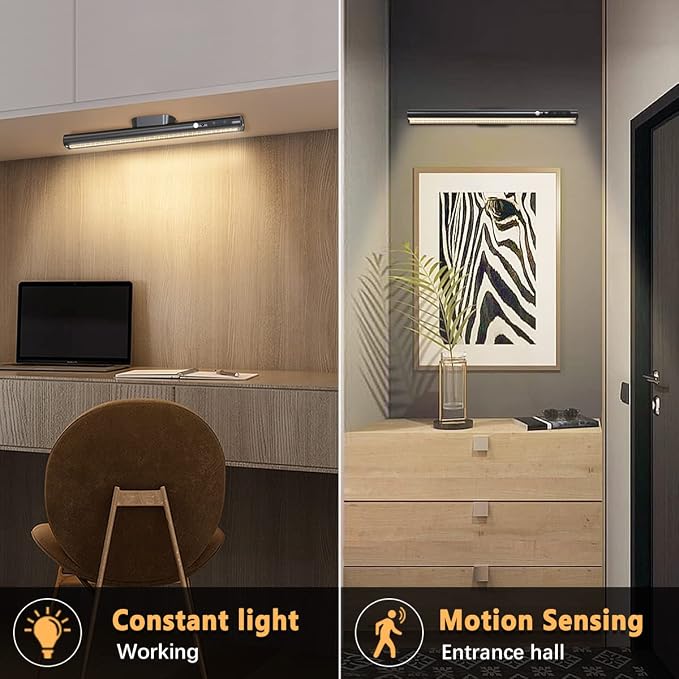 Battery Powered Operated Wall Strip Light with Motion Sensor | LED Light Bar, Rechargeable Magnetic Under Cabinet Lighting Wireless with Remote Control for Desk Mirror Closet Black