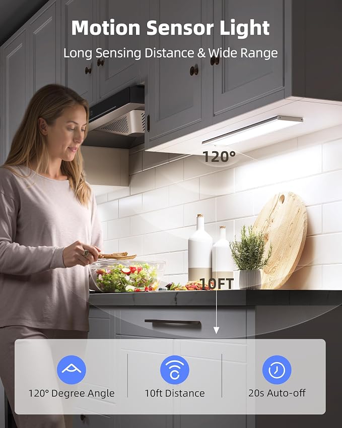 EZVALO 3000mAh Under Cabinet Lights,150LM Motion Sensor Light Indoor 3 Color Temps, Rechargeable 3 inch Wide Body Closet Light Dimmable, Wireless Under Counter Lights for Kitchen 8 inch