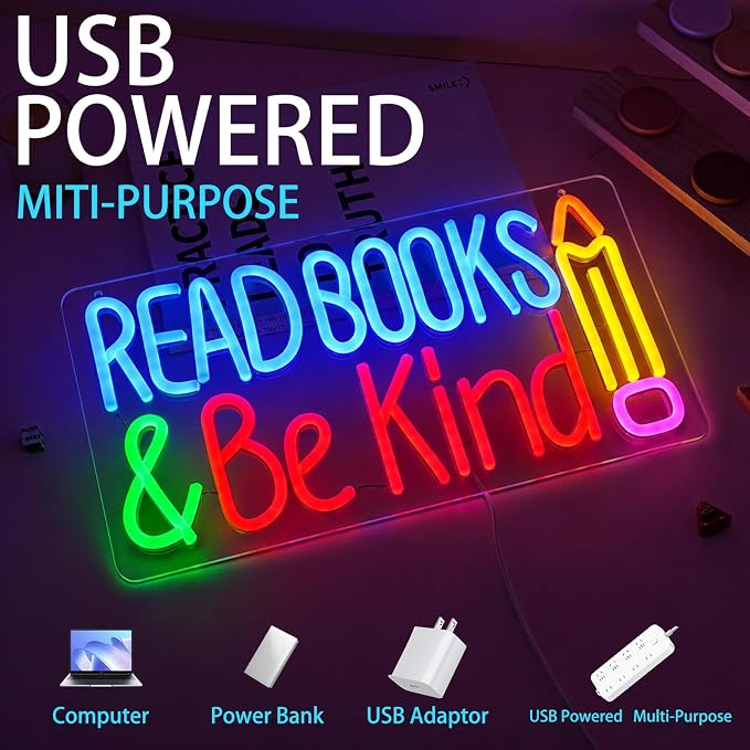 Read Books And Be Kind Neon Sign for Wall Decor Colorful Read Books Neon Light Dimmable Classroom LED Light up Signs for Study Room Bookstore Bedroom Classroom Library Decor