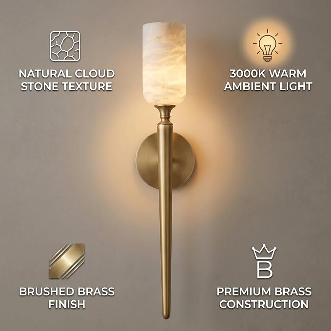 Alabaster Wall Sconces Set of Two, 22in Modern Spanish Natural Marble Bathroom Vanity Sconces, Brass Alabaster Sconce Wall Lighting, Gold Wall Light Fixtures Decor for Bedroom Living Room Staircases