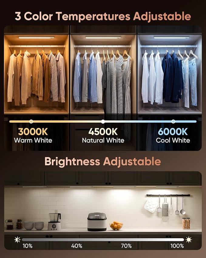 12inch Under Cabinet Lighting Wireless 3 Pack 3000mAh Motion Sensor Light | 450LM Bright Under Counter Closet Lights for Kitchen, Stairs Rechargeable Battery Operated Stick On Dimmable, Magnetic