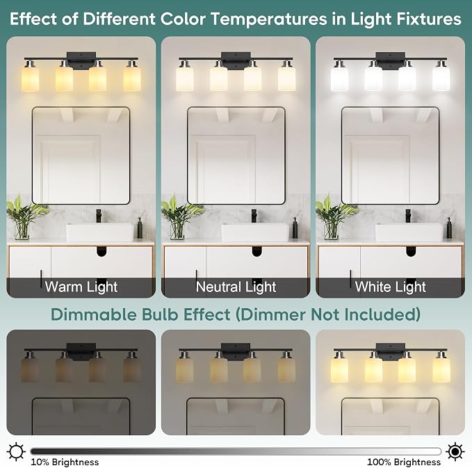 Ascher Bathroom Light Fixtures, 4-Light Vanity Light Over Mirror, Black and Nickel Wall Sconces with Milky White Frosted Glass Shades, Wall Lamp for Living Room Bedroom, E26 Base(Bulbs Not Included)
