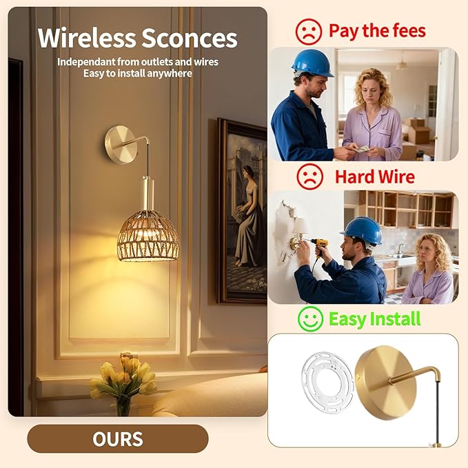 Boho Battery Operated Wall Sconce, Wireless Sconces Set of 2 with Remote, Rattan Upgrade Rechargeable Wall Sconces Set of Two for Bedroom, Living Room, Entryway, 3 Colors Dimmable (Gold)