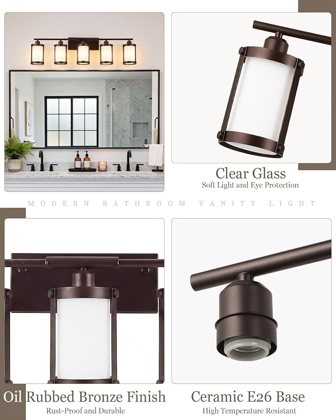 5-Light Oil Rubbed Bronze Bathroom Light Fixtures Over Mirror with Frosted Milk Glass and Metal Cage Shade, 38" UL-Listed Modern Farmhouse Wall Sconce for Bath, Hardwire E26, OS-3014ORBW-5W