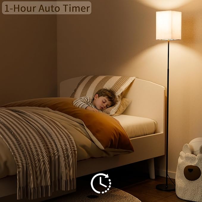 63.8" Square Floor Lamp with White Fabric Shade | Dimmable with Remote and Foot Switch, 3 Color Temperatures, 9W LED Bulb Included, Ideal for Living Room, Bedroom or Office