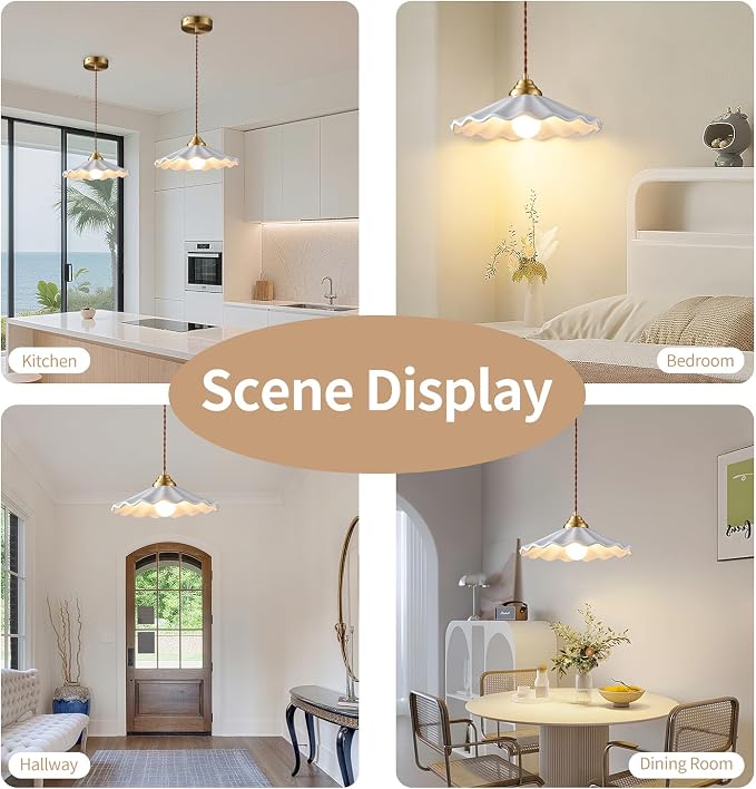 Ceramic Pendant Light, Vintage Pendant Light Fixture with Pleated Ceramic Lmapshade, White Porcelain Pendant Light, Hanging Light for Hallway Kitchen Island Dining Room, 11.8in