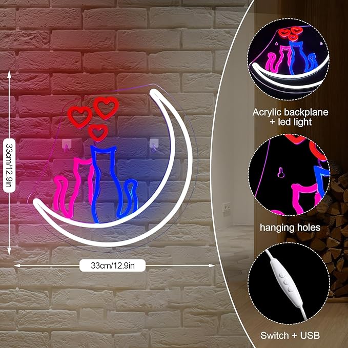 Two Cats on Moon Neon Sign Christmas Cat Cute Couple Kittys Neon Lights for Wall Decor,Kawaii Animal 3D LED Neon,USB Light Up Signs for Girls Bedroom Bar Home Party Valentine's Day Cat Lovers Weddings
