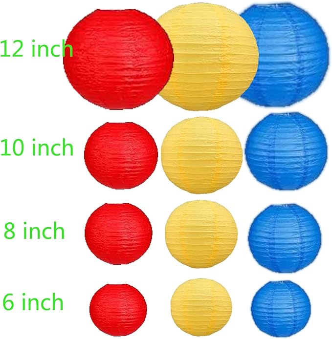 12Pcs Paper Lanterns 6”, 8”, 10”, 12”,Paperlanterns Party Decoration, Red Yellow Blue Paper Lanterns for Wedding, Bridal, Birthday, Outdoor, Home, Garden, Holiday and Party.