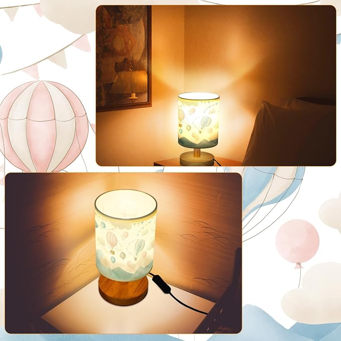 Hot Air Balloon Kids Table Lamp for Bedroom Kids Bedside Lamp with Linen Wooden Nightstand Cartoon Nursery Lampshade for Girls Boys Living Room