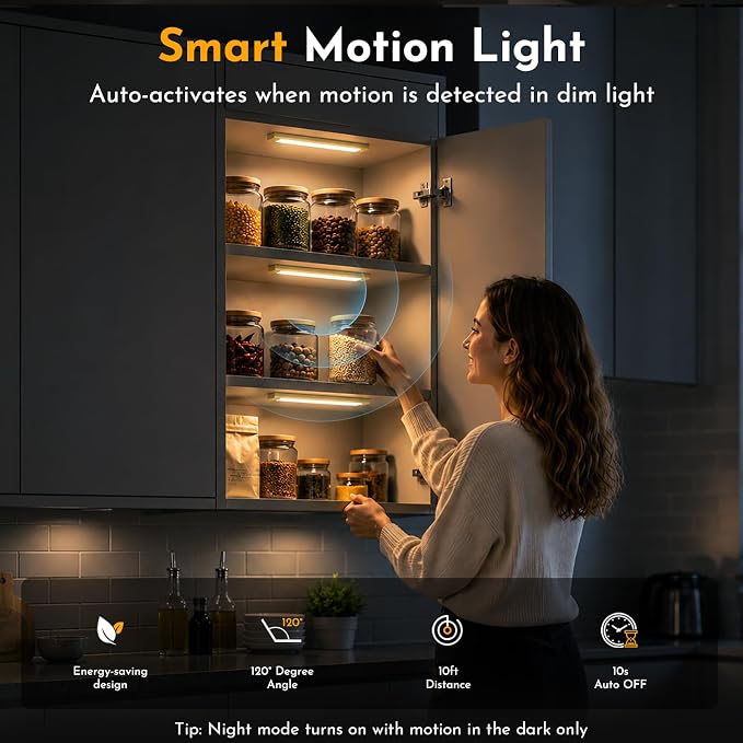 V4light Motion Sensor Cabinet Light, Rechargeable, Dimmable, 4Pcs, 9in | Gold aluminum, magnetic wireless, 1800mAh, 3 color temps & dimmable, ideal for kitchen, closet, shelf & stair