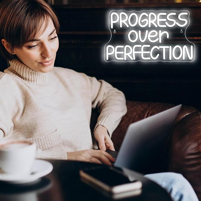 Progress Over Perfection Neon Sign, LED Dimmable Inspirational Classroom Positive Neon Sign, USB Powered for Motivational Classroom Decor Positive Affirmation Mental Office(15.7 * 9 in)